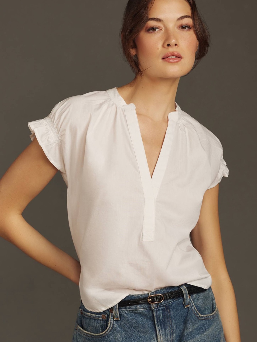 Pilcro Tatum White Split V-Neck Ruffle Cap Sleeve Top